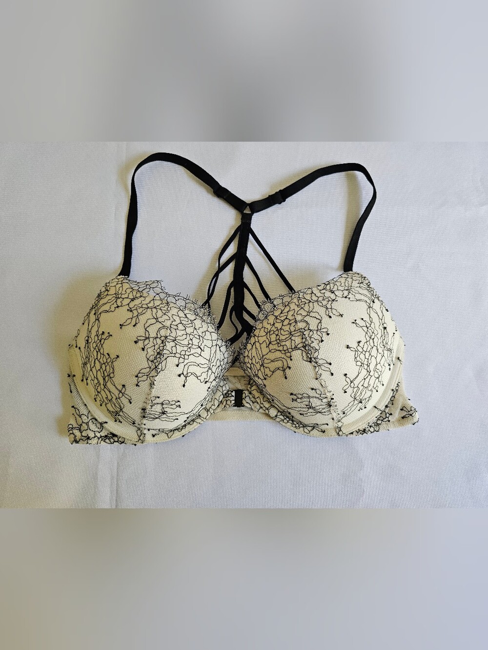 Victoria's Secret Cream Bra with Black Lace and Strappy Back Detail